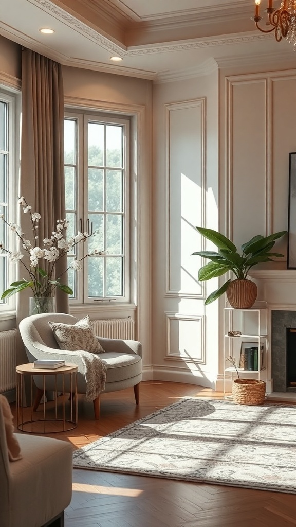 A cozy living room nook with a gray armchair, side table, and potted plant, illuminated by natural light.