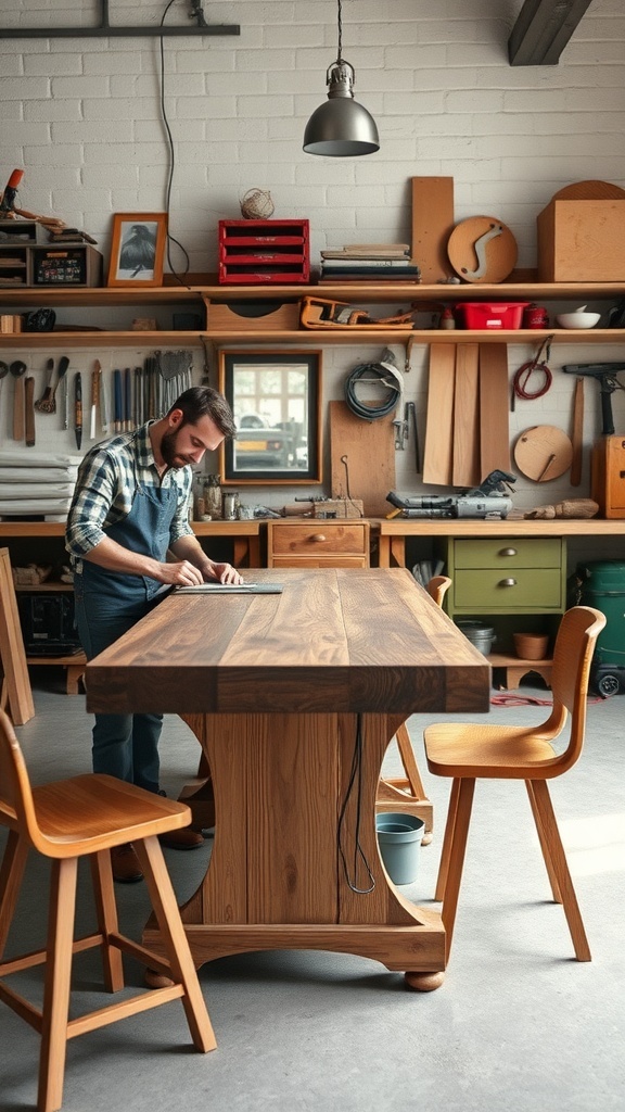 A craftsman working on a rustic dining table in a workshop filled with tools and wood materials.