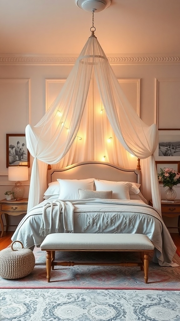 A cozy bedroom with a canopy made of soft drapes and fairy lights, featuring a neatly made bed and a decorative bench.