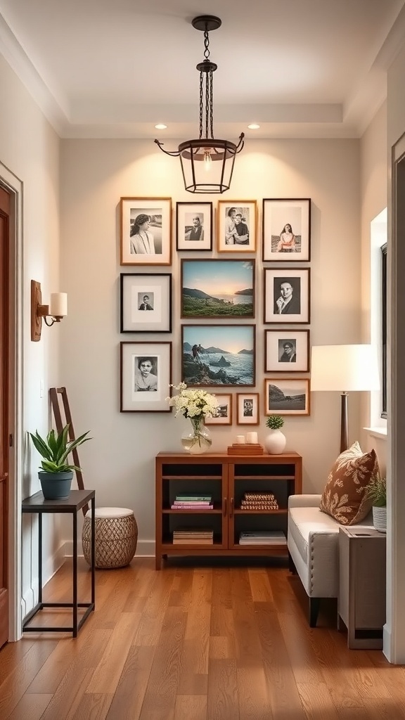 A cozy entryway featuring a gallery wall of framed photos and artwork, complemented by a small table and plants.