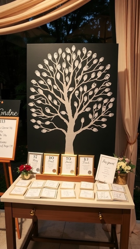 A creative guest book tree with ink pads and frames on a table at a wedding reception.