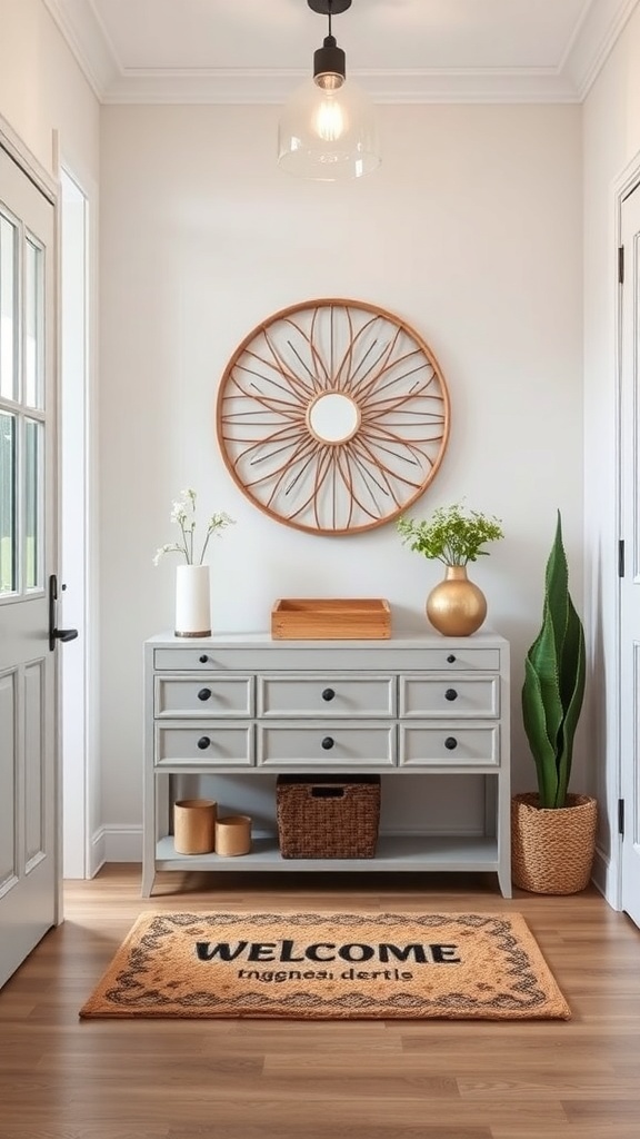 A welcoming entryway featuring a console table, mirror, decorative wall piece, and a welcome mat.