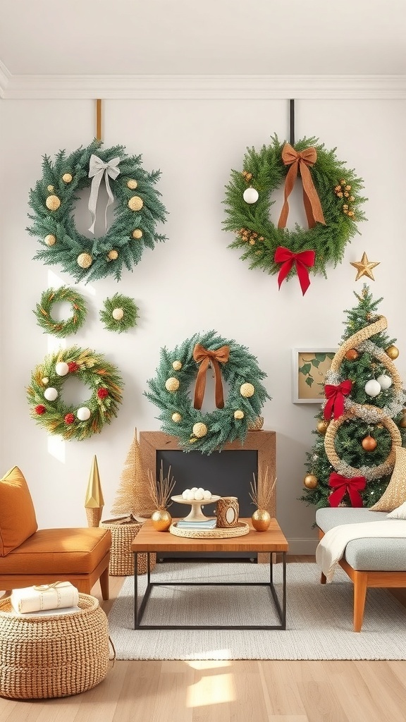 A cozy living room with various holiday wreaths displayed on the wall, showcasing different styles and decorations.