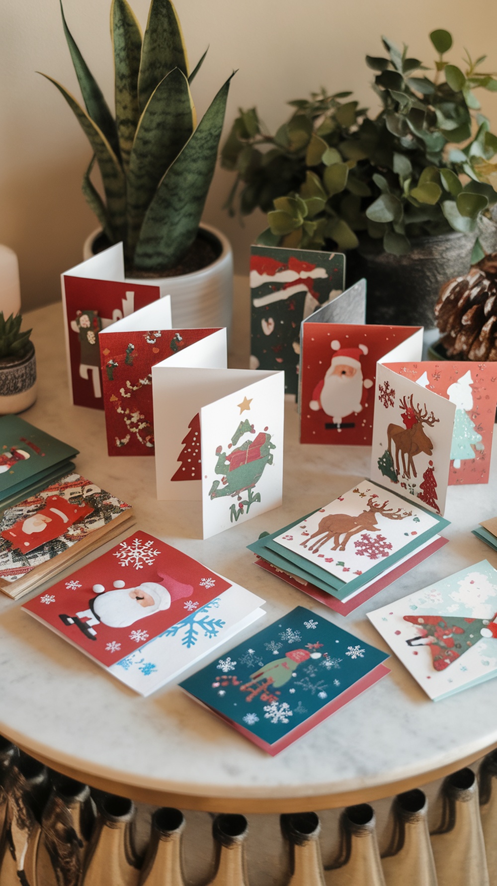 A collection of handmade holiday cards featuring festive designs like Santa, reindeer, and Christmas trees, displayed on a table with plants in the background.