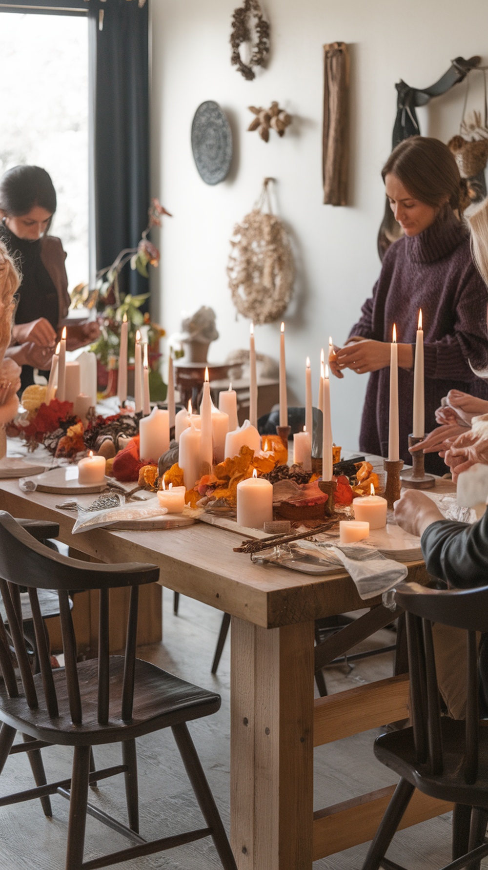 A group of people crafting personalized candles for Thanksgiving, surrounded by autumn decorations.