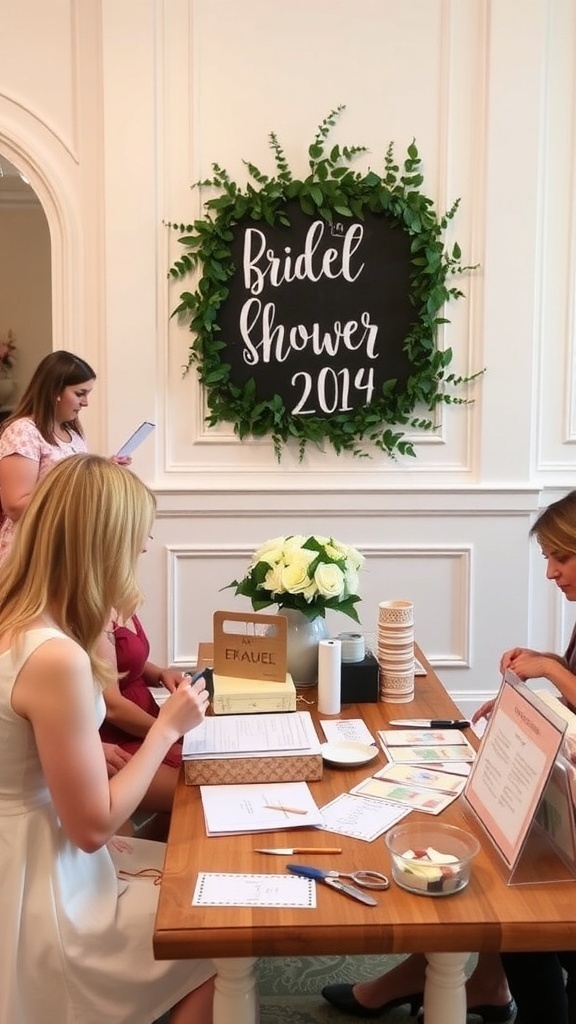 A colorful DIY workshop at a bridal shower, featuring a chalkboard sign and guests engaged in crafts.