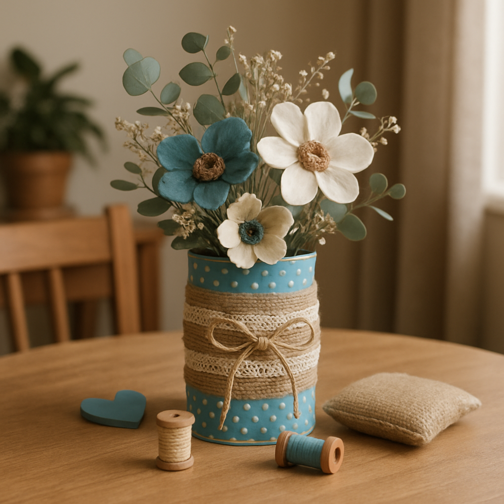A DIY centerpiece featuring a painted blue can with flowers, twine, and crafting supplies.