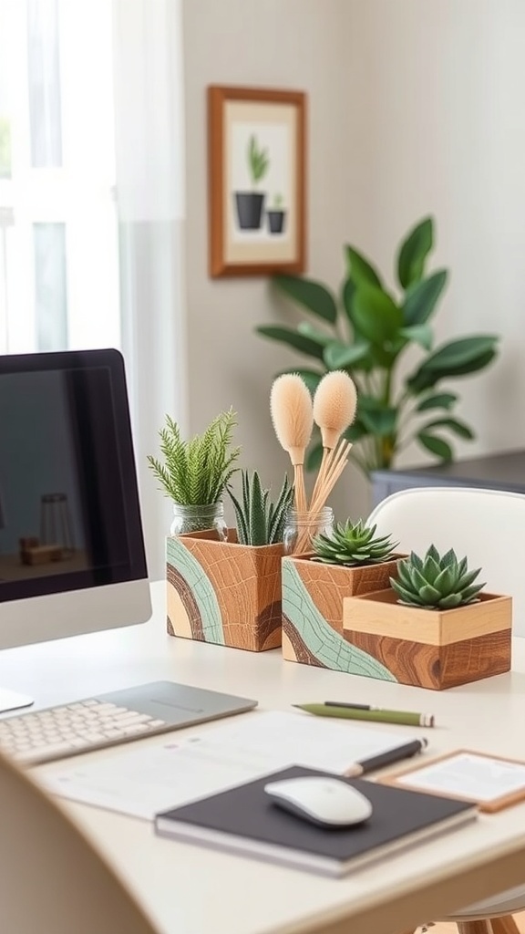 Stylish wooden desk organizers with plants on a desk