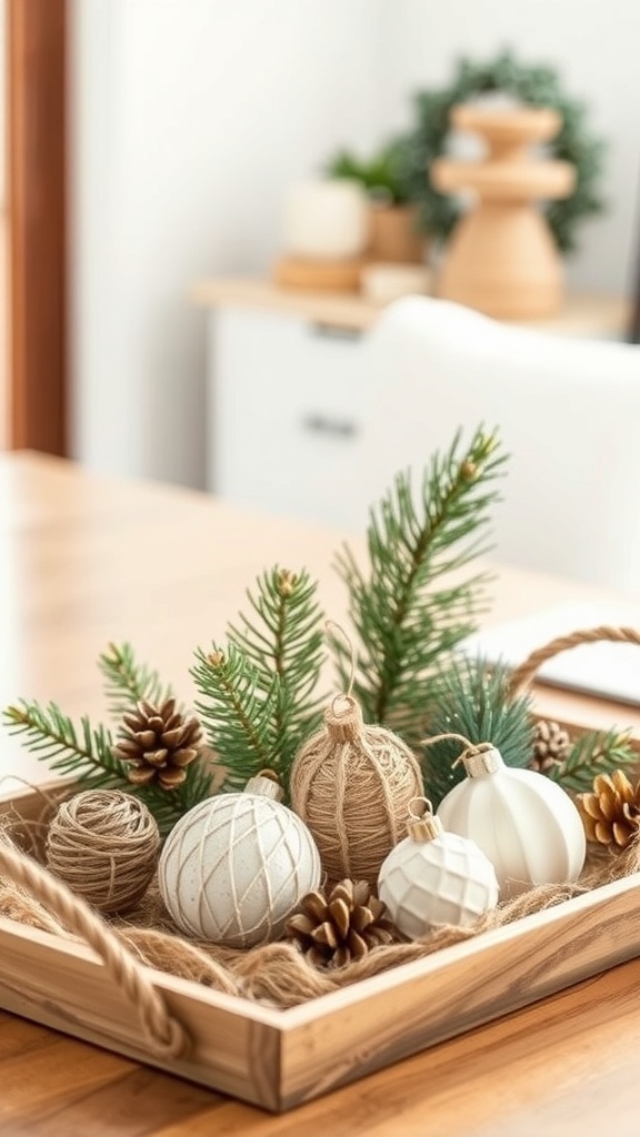 A wooden tray filled with white and natural ornaments, pinecones, and greenery.
