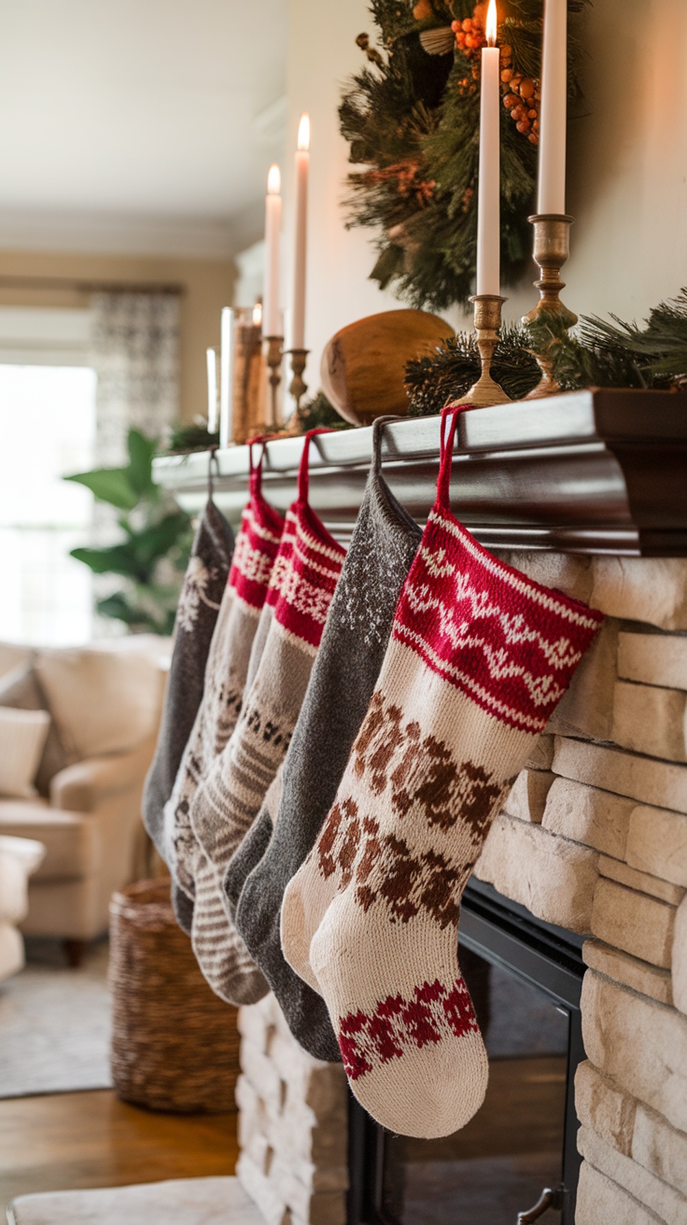 A row of knitted Christmas stockings hanging from a mantel, featuring various patterns and colors.