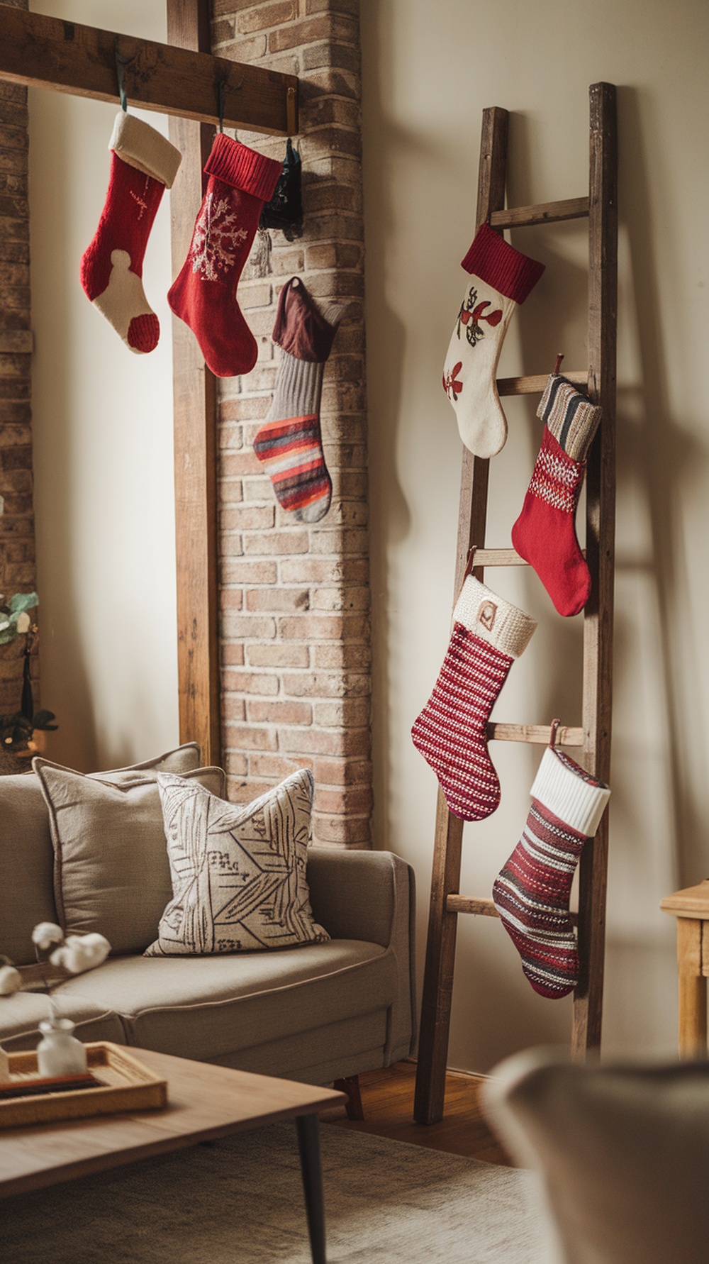 A cozy living room with a rustic ladder displaying colorful upcycled Christmas stockings.