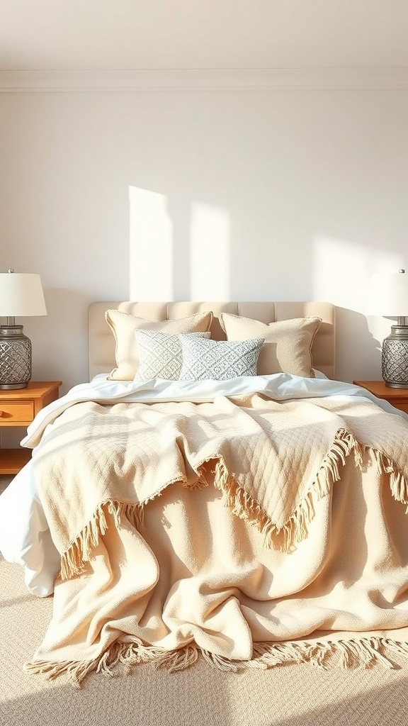 A cream and beige bedroom featuring a soft throw blanket on the bed, with decorative pillows and warm lighting.
