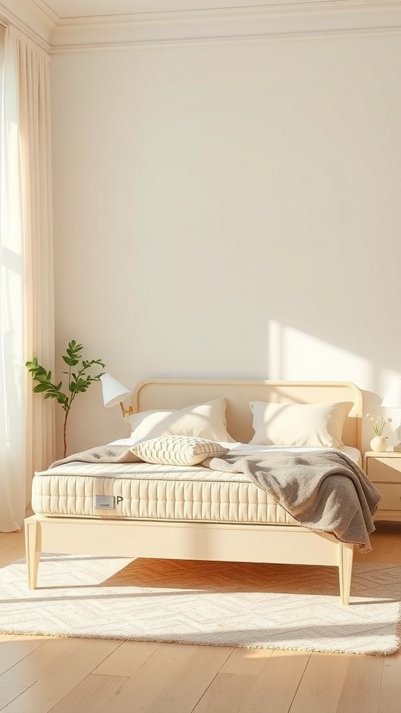 A cream bed frame with a cozy blanket and pillows in a bright bedroom