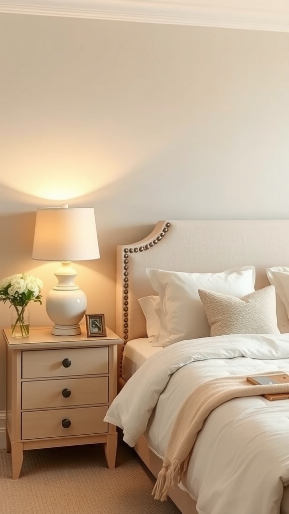 A cozy bedroom featuring a cream bedside lamp on a nightstand, with a soft glow illuminating the space.
