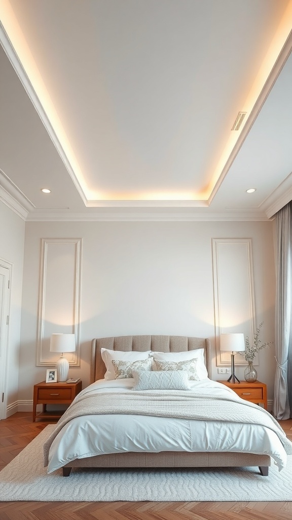 A cream ceiling with soft lighting in a beige bedroom, featuring a cozy bed and warm decor.