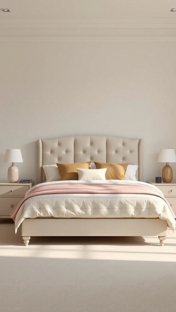 A cozy bedroom featuring cream nightstands with beige accents, a plush bed, and soft lighting.
