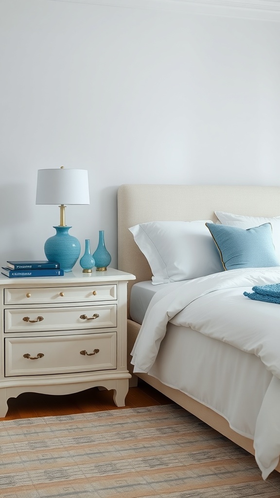 A cream nightstand with blue accents, featuring a lamp and decorative vases, beside a bed with white bedding.