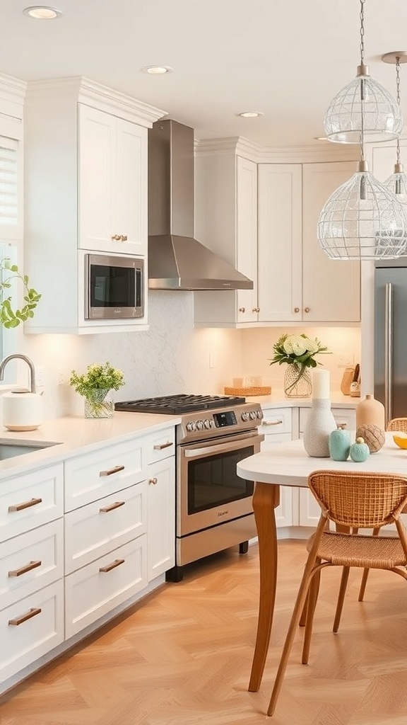 A warm neutral kitchen featuring creamy white countertops, white cabinetry, and wooden accents.