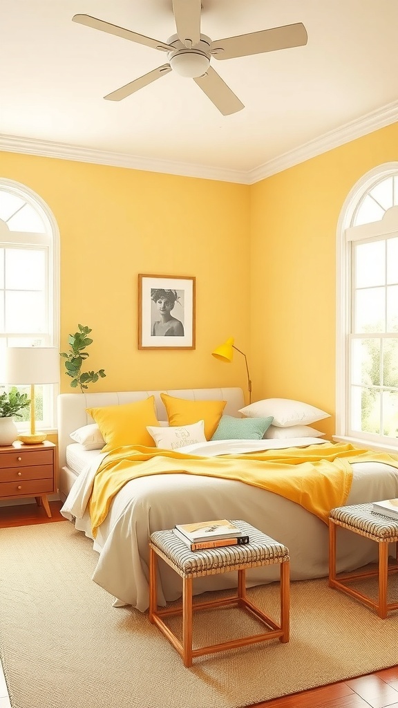 A cozy bedroom with creamy yellow walls, bright bedding, and natural light.
