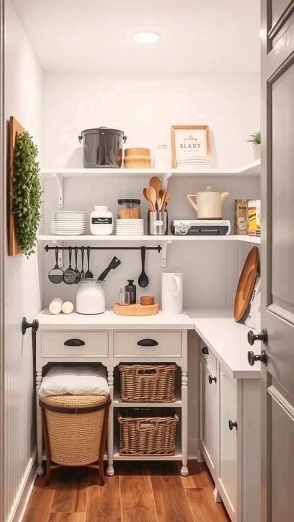 A small, organized pantry with shelves displaying baking tools, ingredients, and a countertop area.