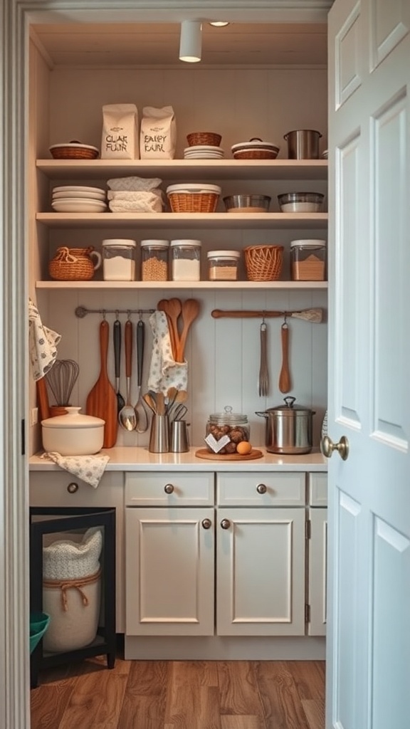 A well-organized small pantry with baking supplies, including flour, utensils, and containers.