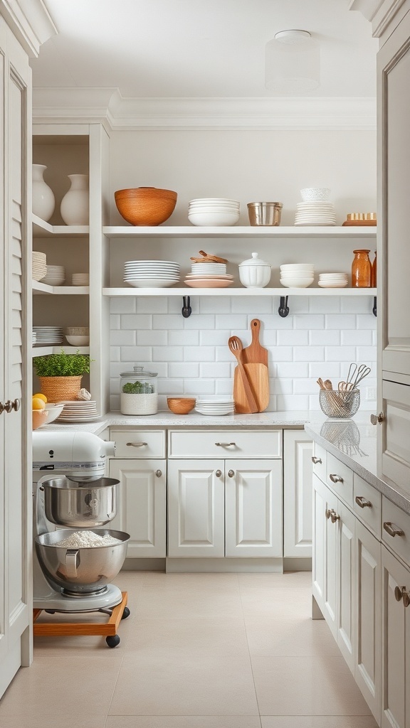 A well-organized baking station in a butler's pantry featuring a stand mixer, bowls, and wooden cutting boards.