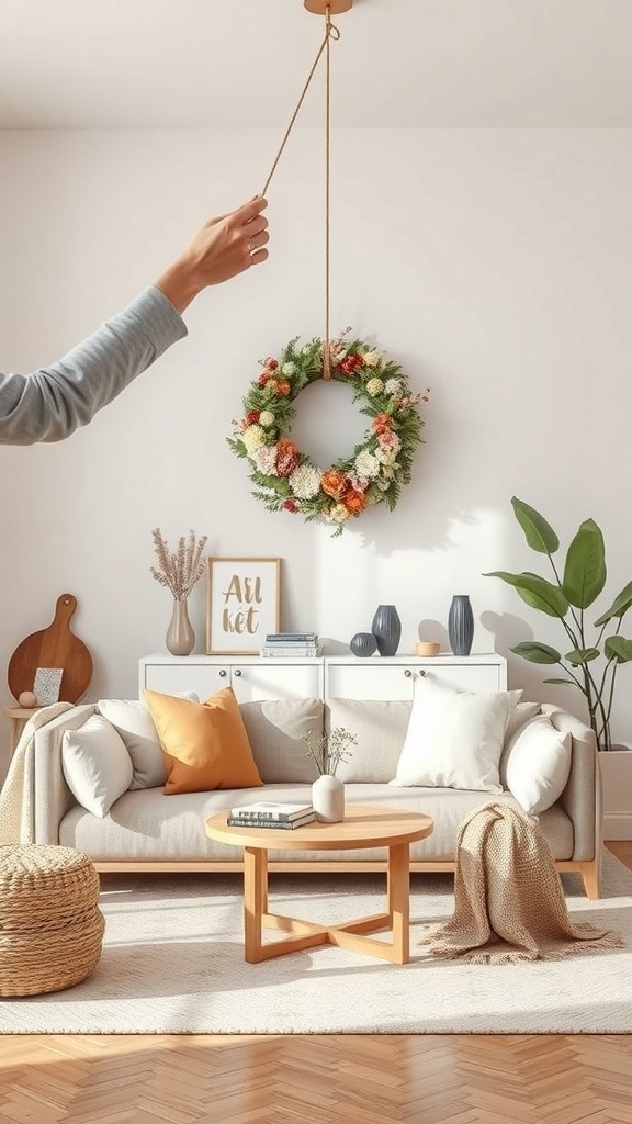 A curly deco mesh wreath hanging in a bright living room, showcasing vibrant flowers and greenery.