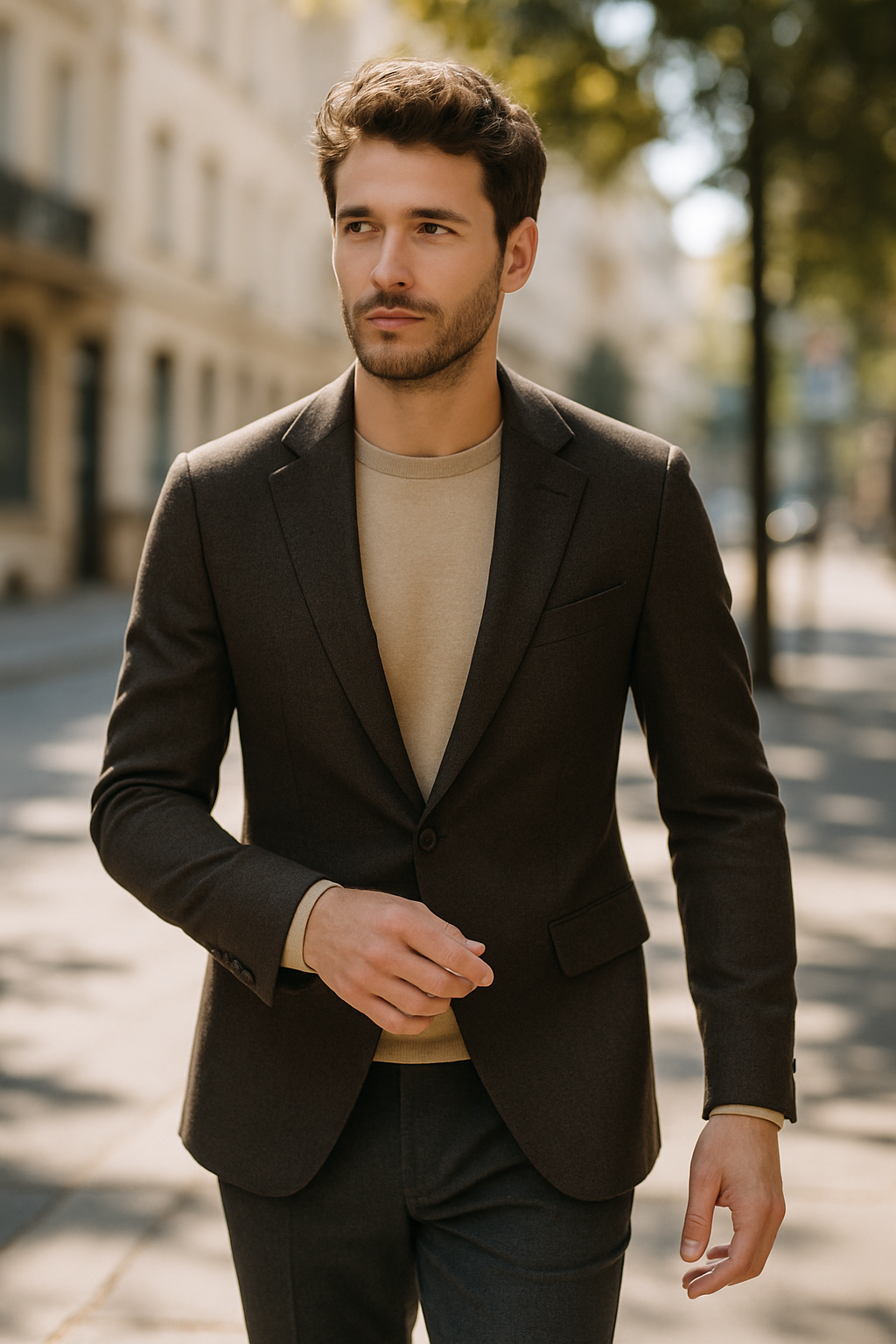 A man walking in a tailored blazer and sweater, showcasing a balanced silhouette.