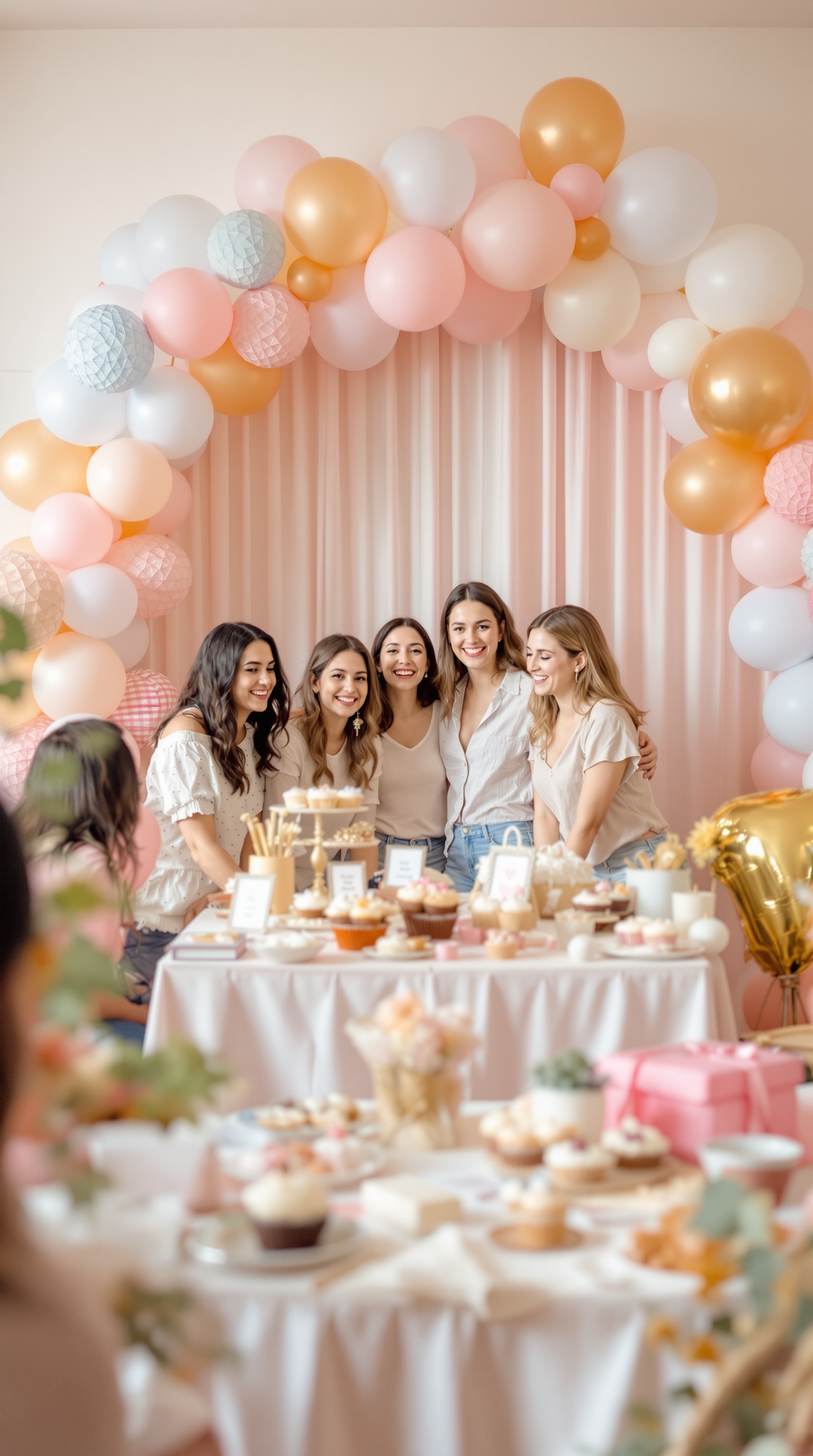 A festive balloon arch backdrop at a baby shower with guests smiling in front of a dessert table.