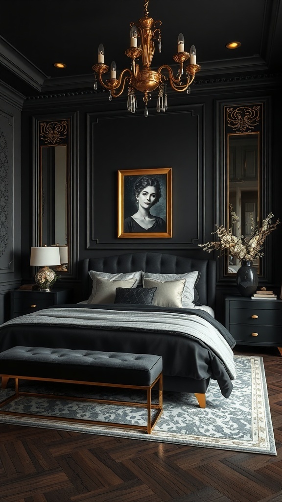 A stylish black bedroom featuring gold accents, a chandelier, and elegant decor.