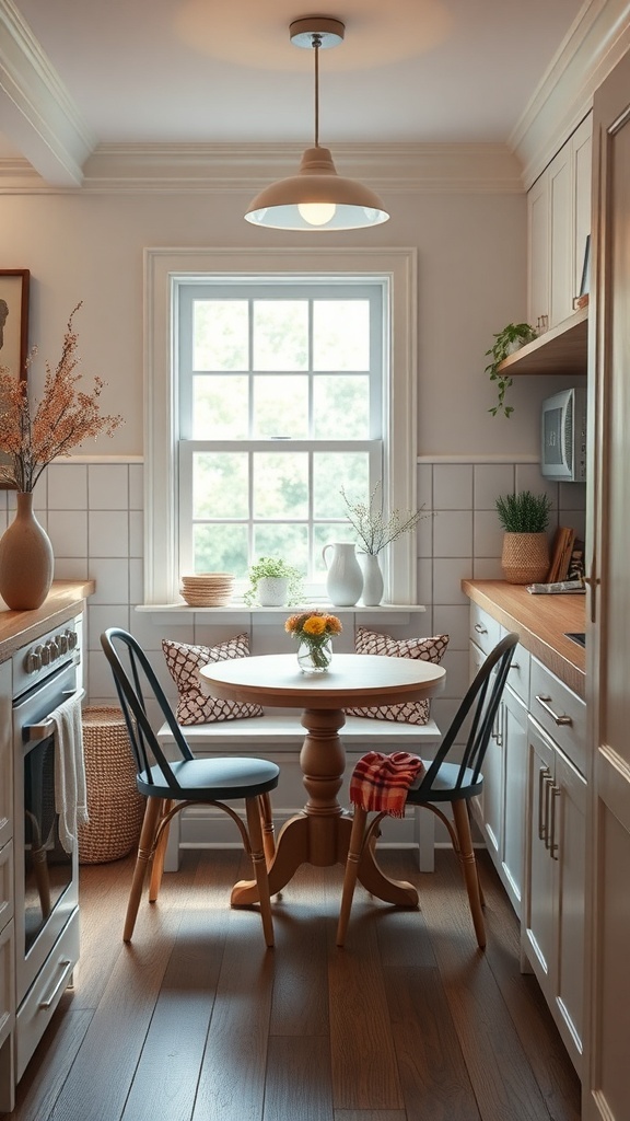 Cozy breakfast nook in a small kitchen with a round table, two chairs, and natural light.