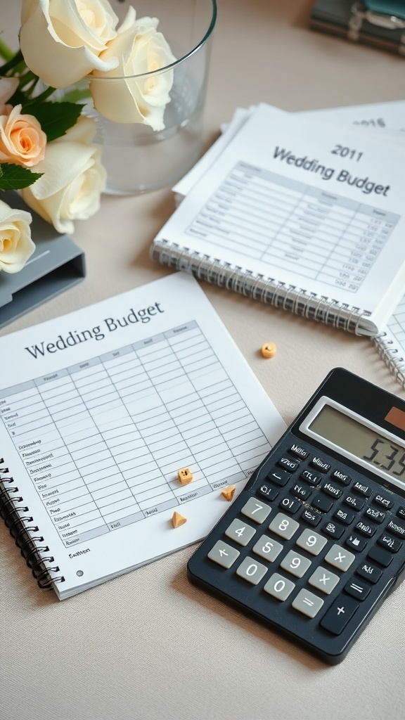 A wedding budget setup with a calculator and budget sheets.