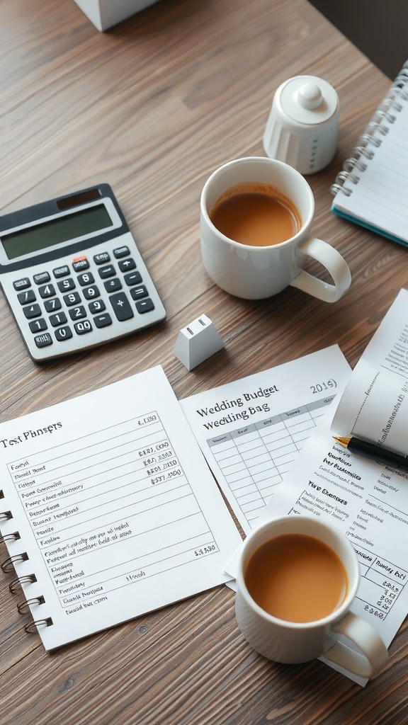 A cozy workspace with a calculator, coffee mugs, and wedding budget sheets.