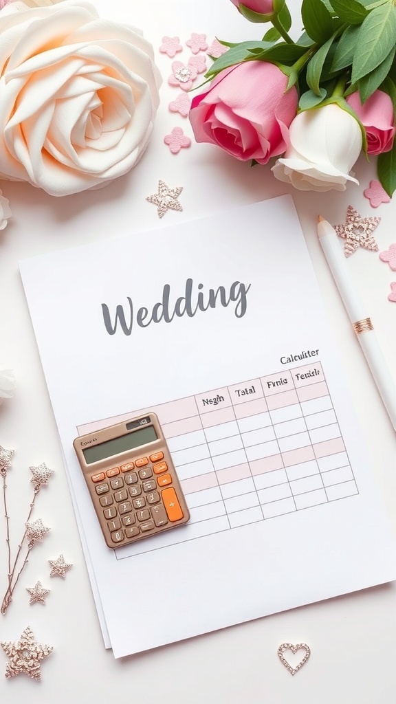 Calculator on a wedding-themed budget worksheet with flowers and decorations.