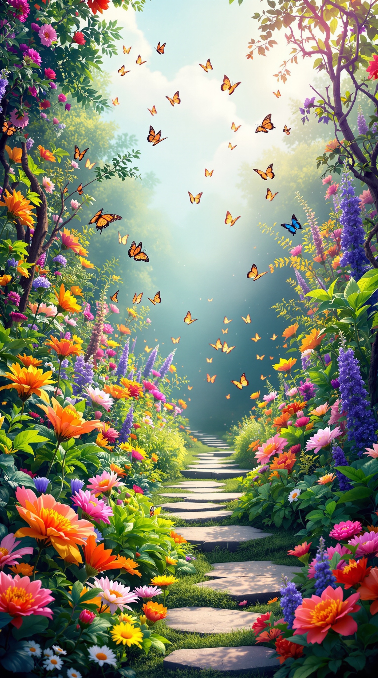A colorful butterfly garden with flowers and butterflies fluttering around.