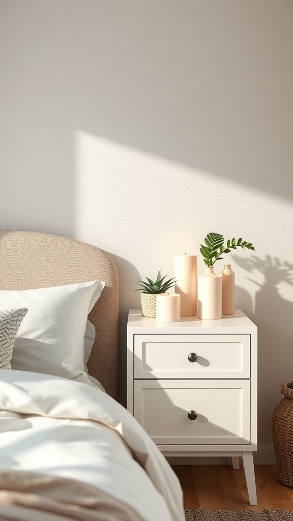 A neatly organized nightstand with candles and a plant, creating a calm bedroom atmosphere.