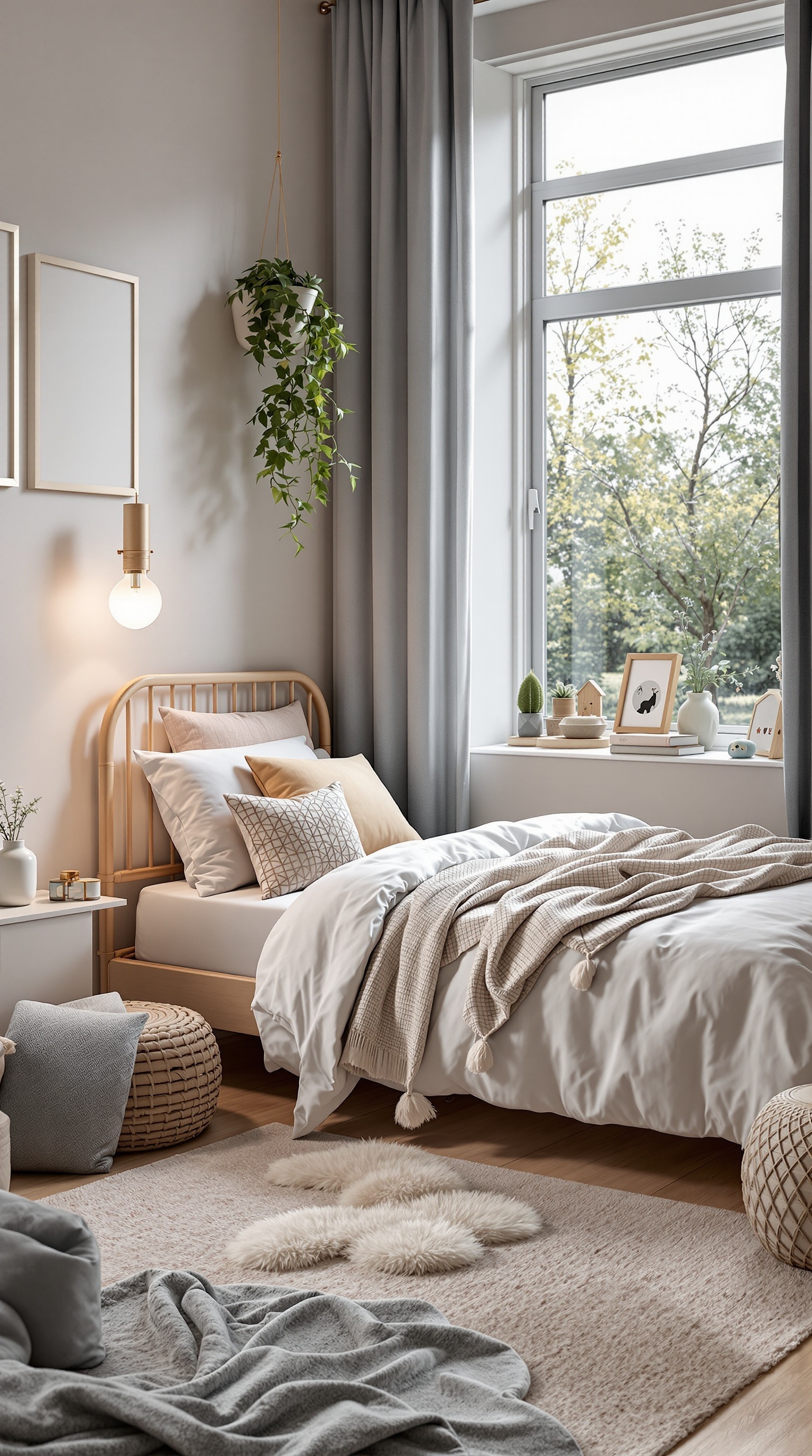 A calm and serene Japandi kids room featuring a cozy bed, soft pillows, and natural light.