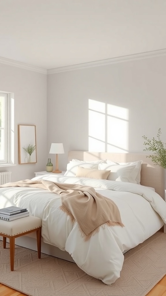 A neutral bedroom with soft colors, a cozy bed, and natural light.