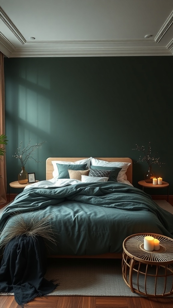 A calming dark green bedroom featuring a cozy bed with textured linens, decorative pillows, and soft candlelight.
