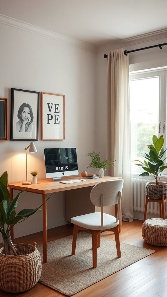 A cozy home office with a desk, computer, plants, and natural light.