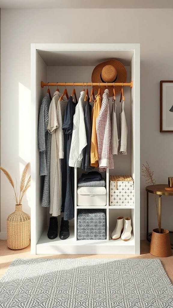 Organized wardrobe with hanging clothes, folded items, and a hat