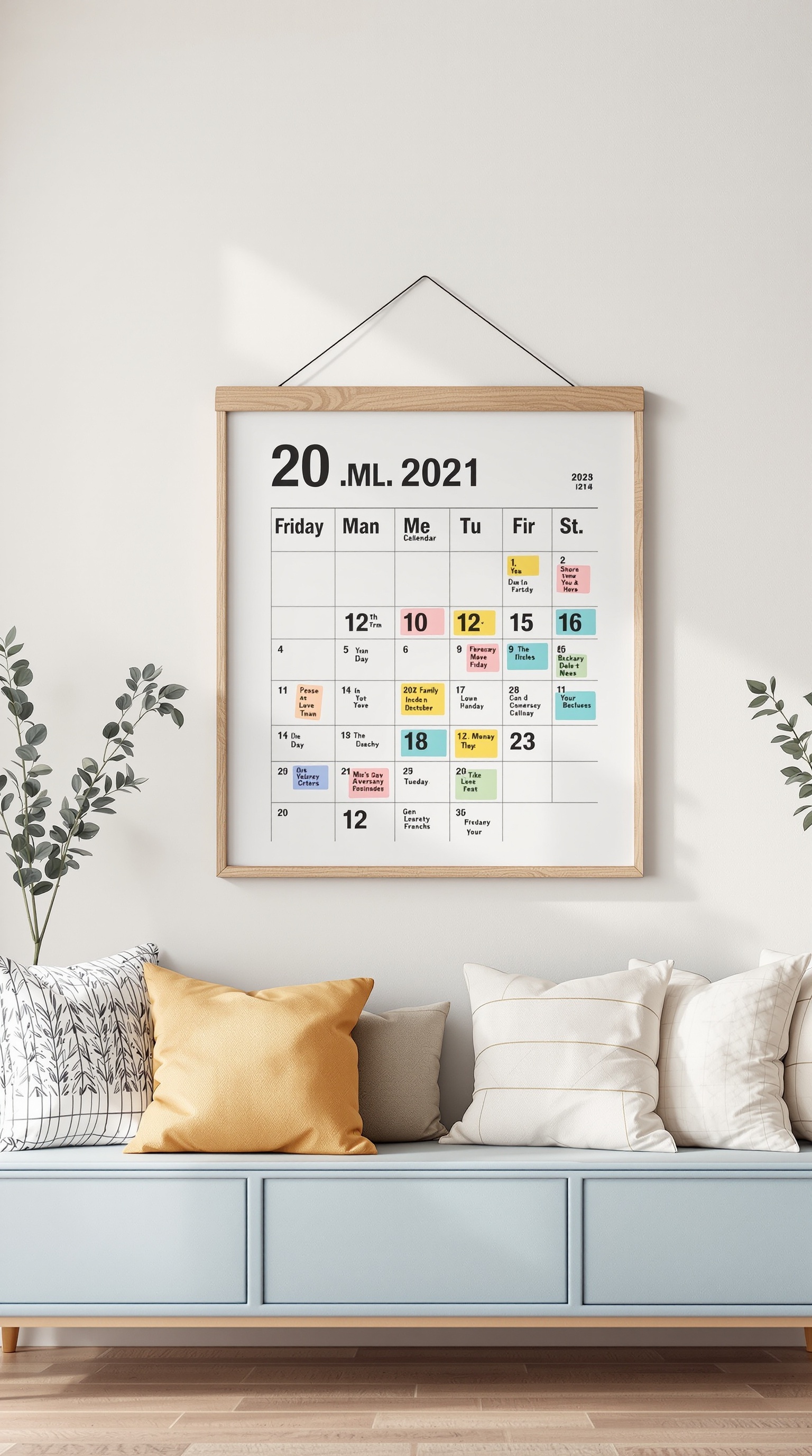 A framed family calendar on a wall with colorful events, placed above a couch with decorative pillows.