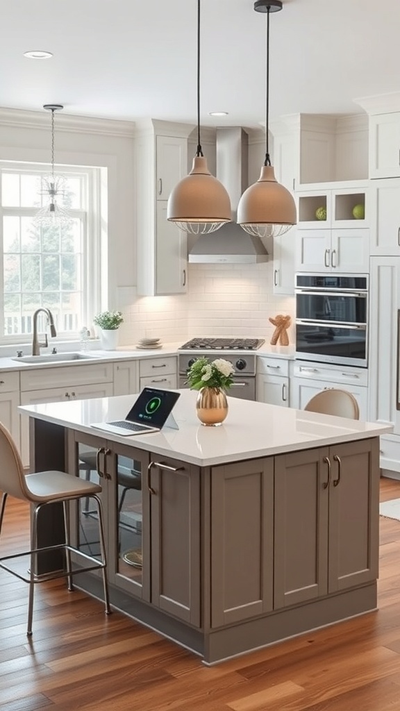 Modern kitchen island with a charging station setup including a laptop and decorative plant.