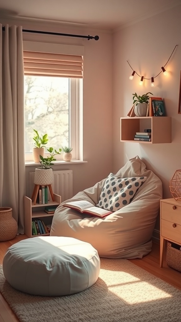 A cozy dorm room corner with a bean bag chair, pouf, plants, and warm lighting.