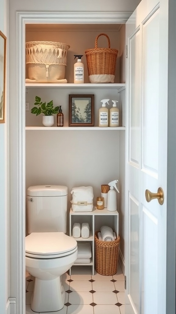 Organized bathroom closet with cleaning supplies and decorative baskets