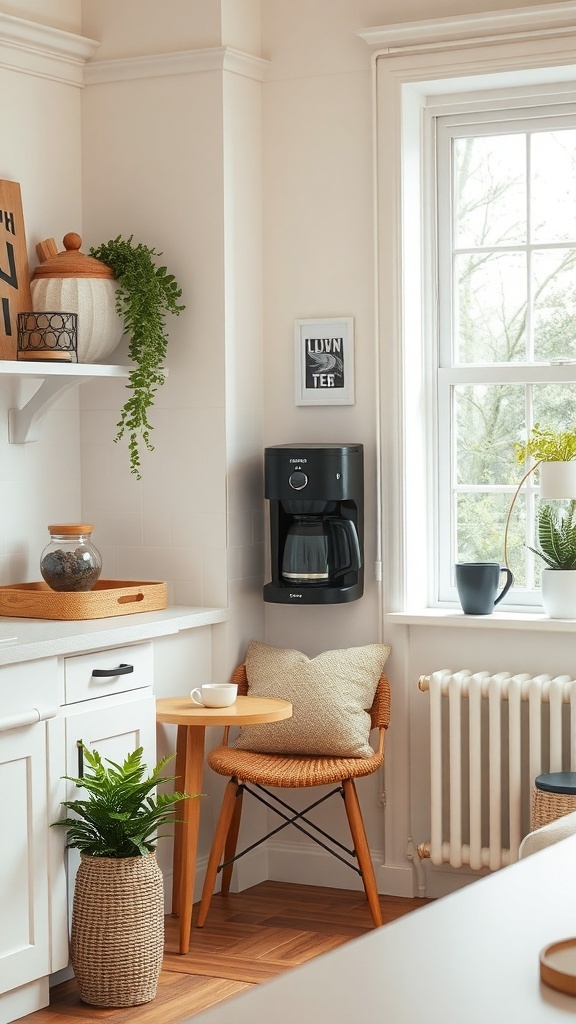 A cozy kitchen corner with a coffee maker, small table, and plants.