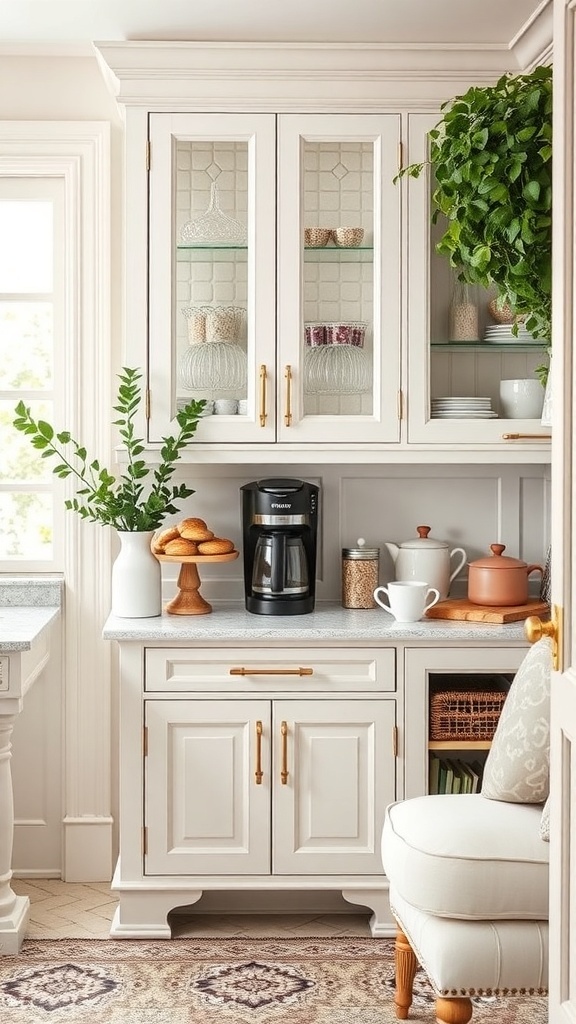 A stylish coffee station in a butler's pantry featuring a coffee maker, pastries, and decorative elements.