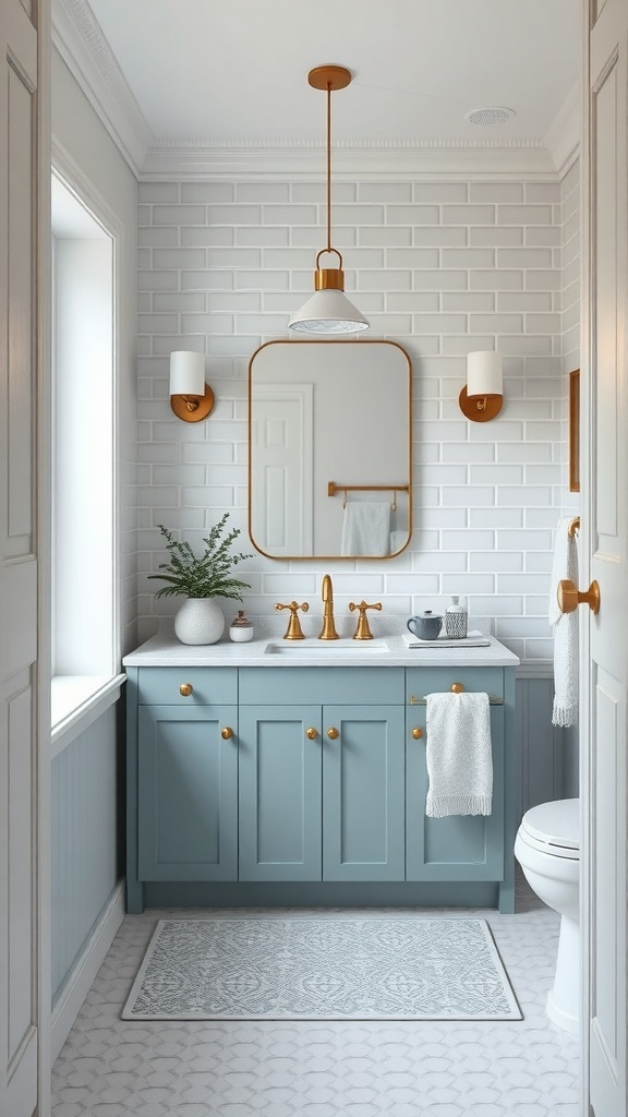 A small master bathroom featuring soft blue cabinetry, white tile, and gold fixtures, with a plant for added color.