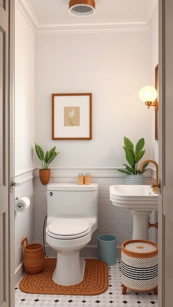 A small half bathroom featuring white walls, a gold faucet, and earthy accents.