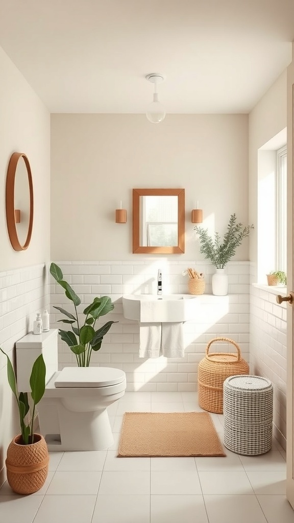 A small bathroom featuring neutral tones, green plants, and wooden accents.